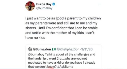 A tweet why Burna Boy doesn't have a baby mama resurfaces