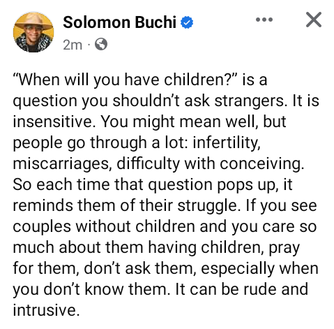 Solomon Buchi tackles people who ask couples insensitive questions