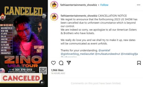 Zinoleesky's US tour has been cancelled 